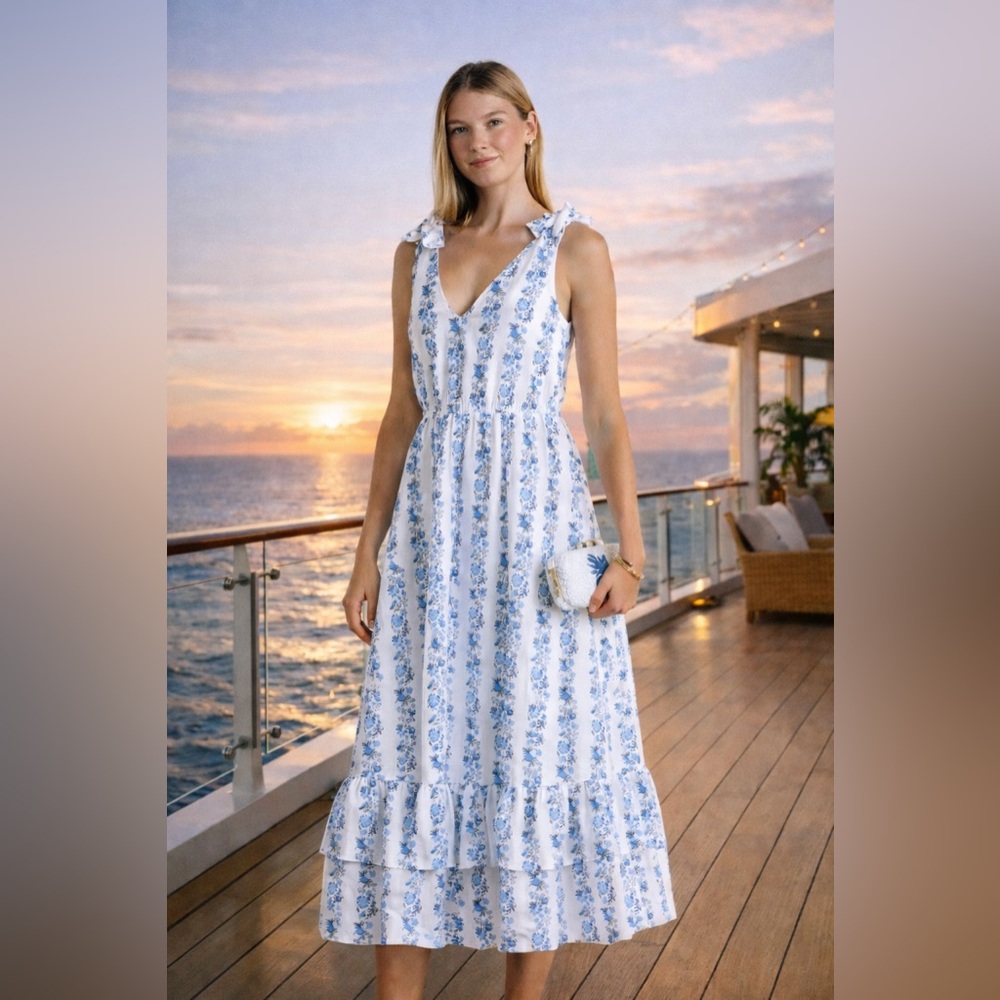 NWT Vineyard Vines Bella Floral Poplin Midi Dress With Pockets BlueWhite Coastal